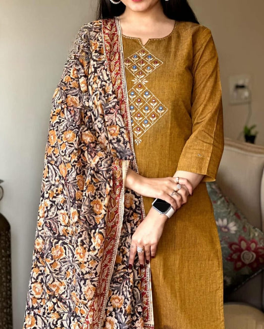 Mustard Brown Embroidered Kurta Set With Floral Dupatta