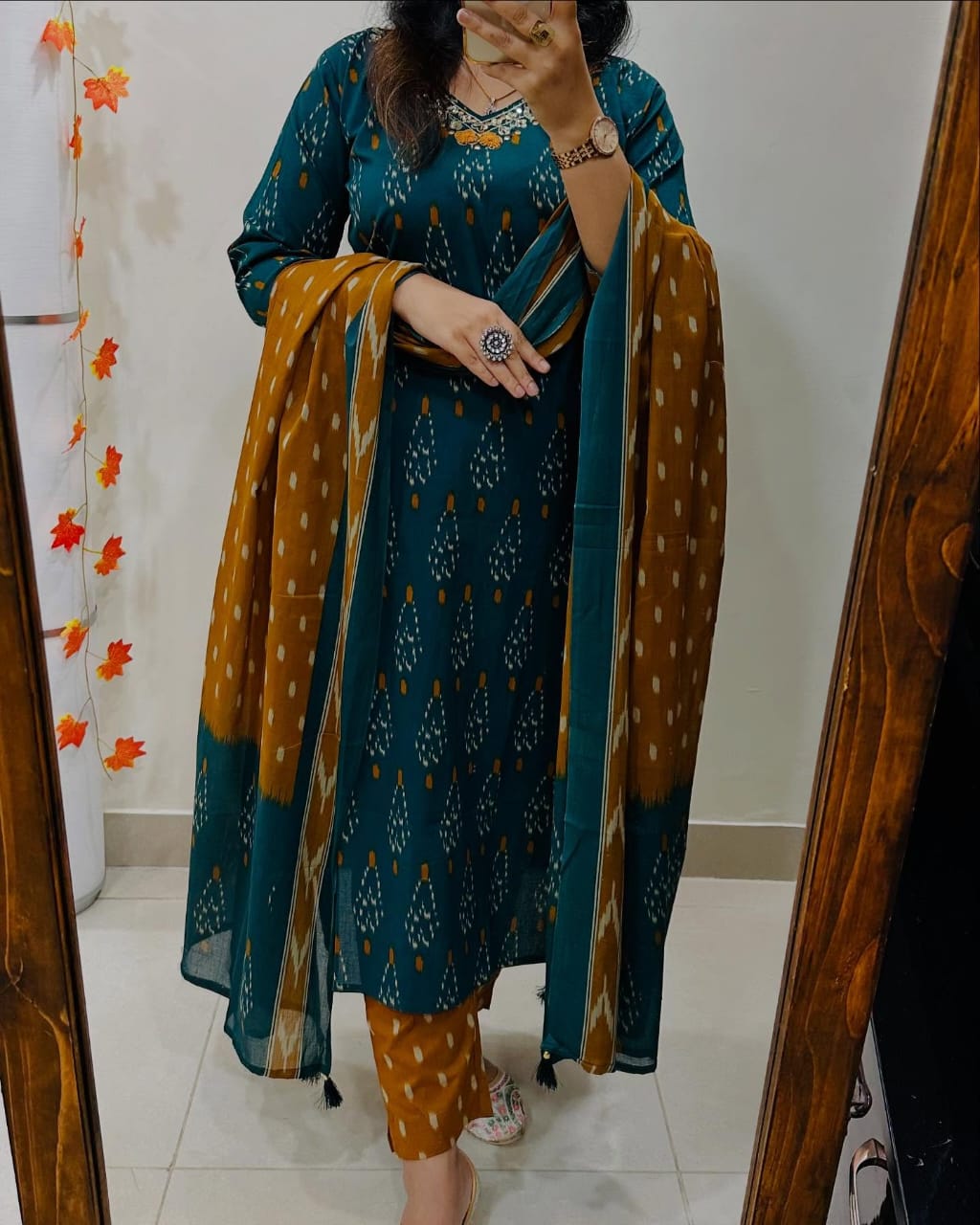 Premium Ajrak Cotton Suit Set – Teal & Mustard Ikat Print | Kurti, Pant & Dupatta