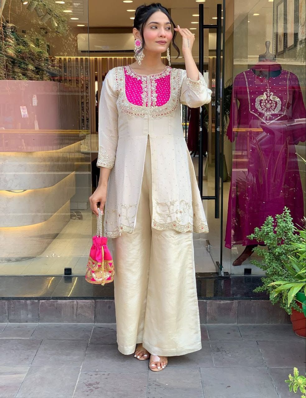 Ivory & Fuchsia Embroidered Tunic Palazzo Set