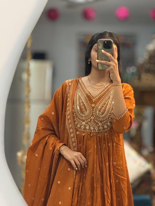 Rust Orange Anarkali Kurta Set with Elegant Thread Embroidery